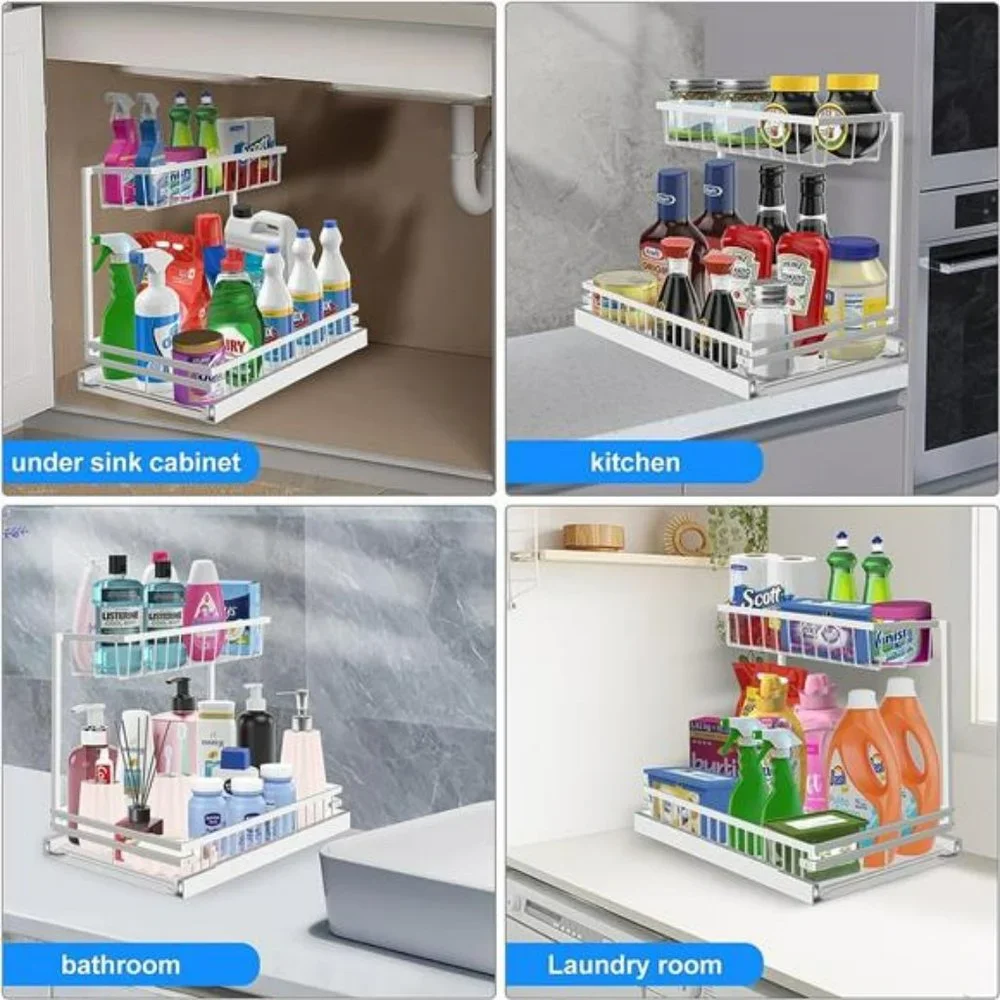 Under Sink Organizer and Storage 2-Tier with Sliding Drawer Metal white